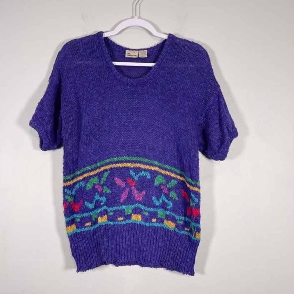 VTG Liz‎ Claiborne Sweater Wms Small Colorful Geo Print Knit Short Sleeve 80s